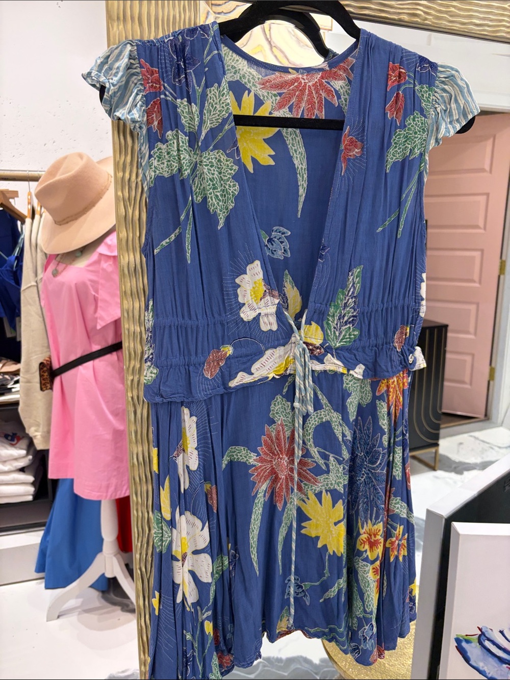 Blue Floral V-Neck Tie-Waist Women's Dress
